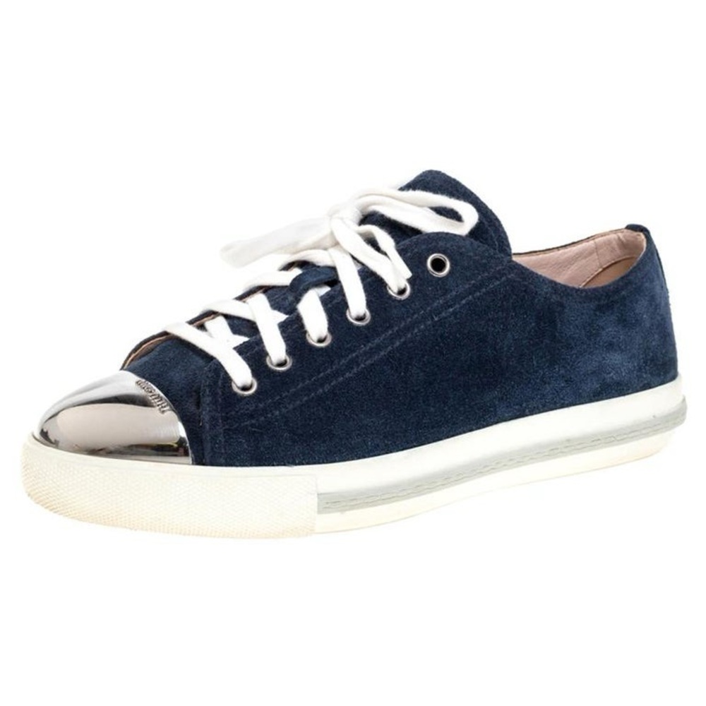 Miu Miu Navy Blue Suede Metal Cap Toe Lace Up Sneakers- 40